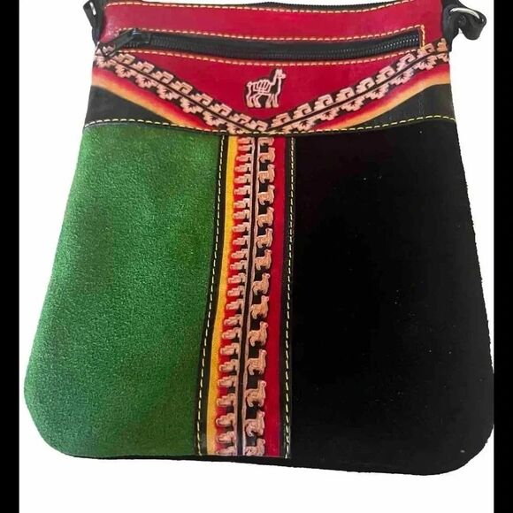 Cusco Traveler Llama Themed Multicolored Leather Sling Crossbody from Peru - Picture 3 of 7